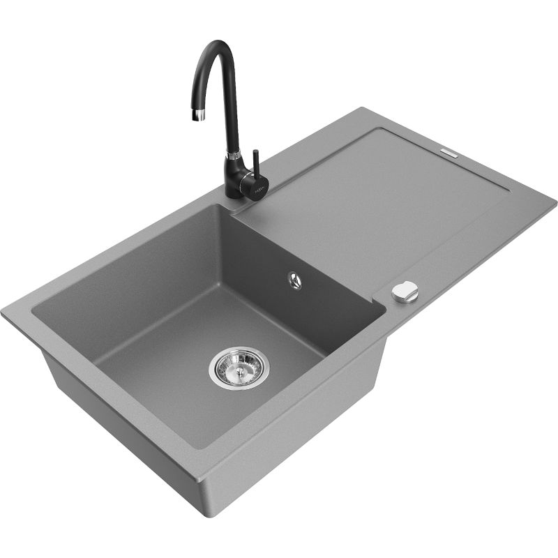 Zlewozmywak granitowy 1-komorowy Mexen Leo z ociekaczem i baterią kuchenną Telma szary 6501-71-670200-70