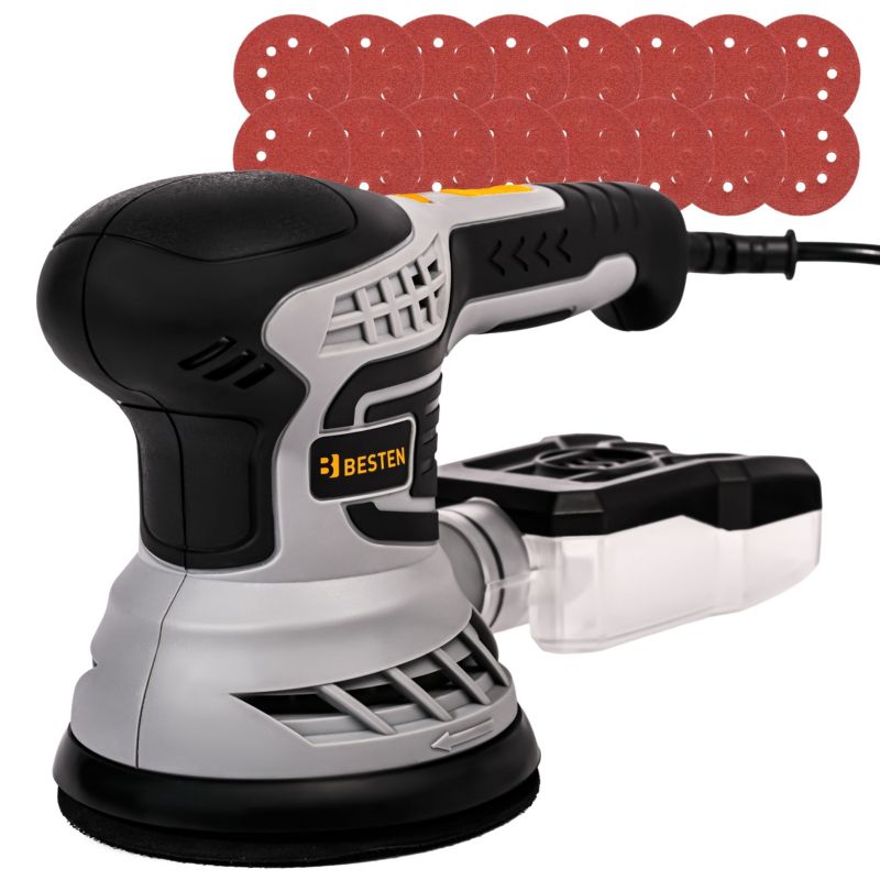 Szlifierka oscylacyjna 125 mm do drewna i gładzi BESTEN BE0002871 400 W regulacja obrotów odsysanie pyłu 16 papierów 1 szt.