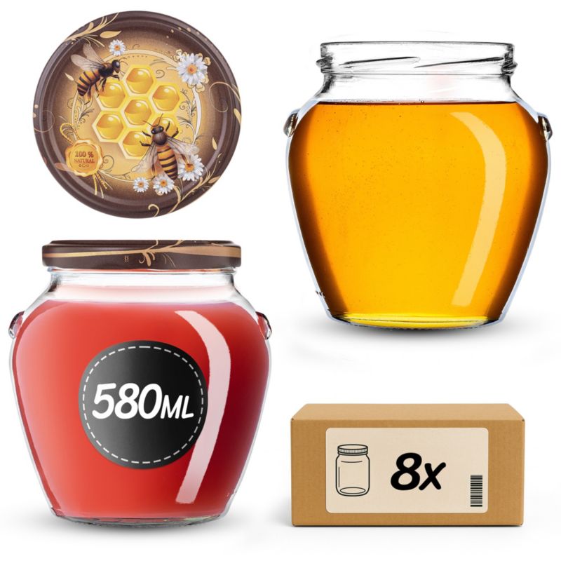 Słoiki na przetwory KADAX 580ml + wieczka "Pszczoły z kwiatkami" 82mm 8szt.