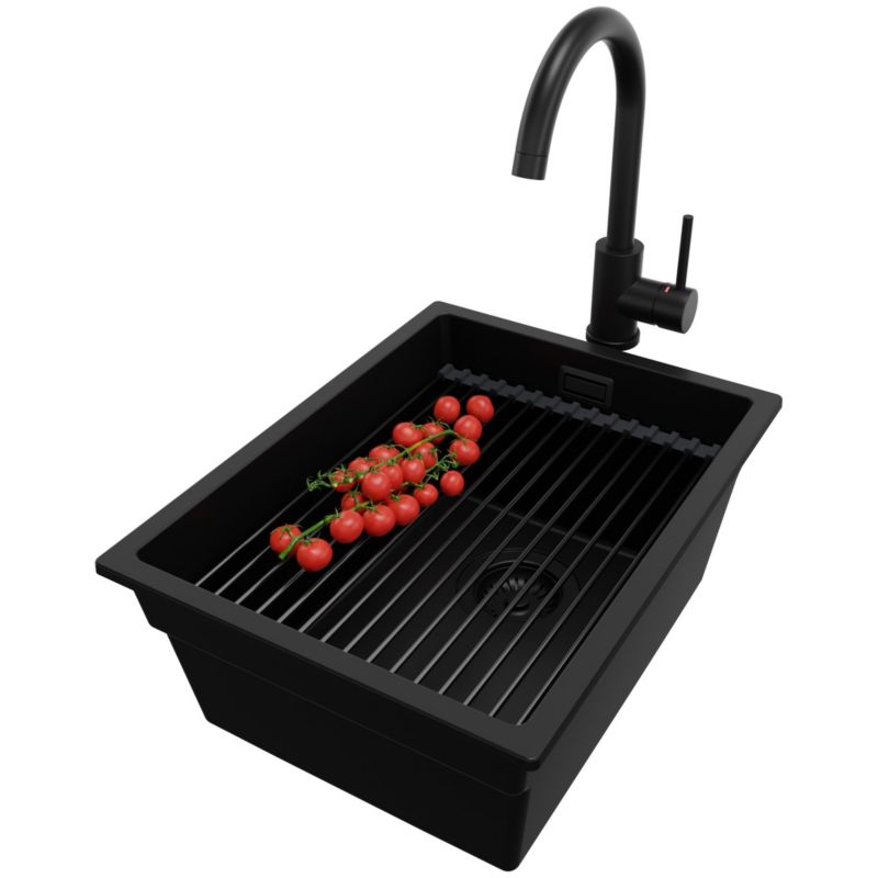 Zlewozmywak podblatowy Praga PRIMAGRAN 36x47cm do szafki od 40cm, Cały Czarny + Bateria + Syfon + Zwijany ociekacz, S068, 1 szt.