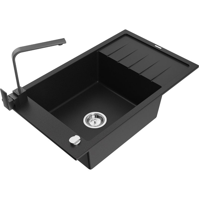 Zlewozmywak granitowy 1-komorowy Mexen Elias z ociekaczem i baterią kuchenną Rita czarny - 6511-77-670300-50-B 1 szt.