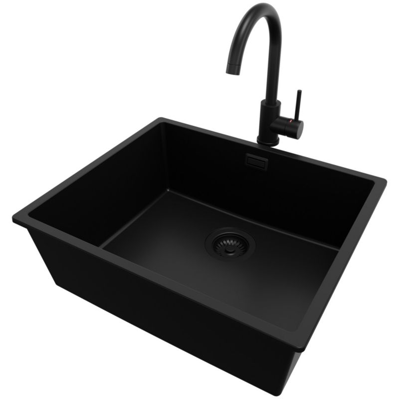 Zlewozmywak Granitowy Londyn Slim PRIMAGRAN Nablatowy 56x47cm do szafki od 60cm, Cały Czarny + Bateria + Syfon, S308, 1 szt.