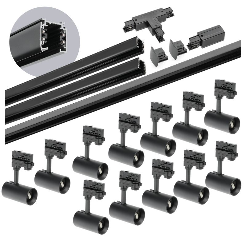 Oświetlenie szynowe 3-fazowe Kobi szyna 1m+1m+2m, 12x Lampa, łącznik T czarny 1kpl.