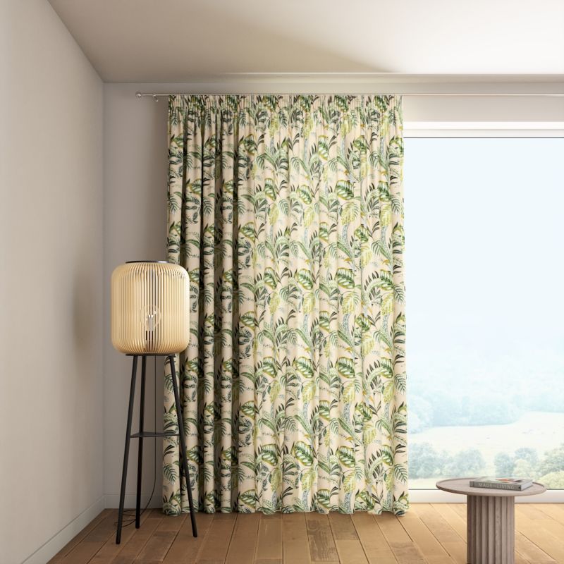 Zasłona na taśmie marszczącej 1 szt. 130 x 260 cm Dekoria oliwkowo-zielone liście na lnianym tle 1 szt.