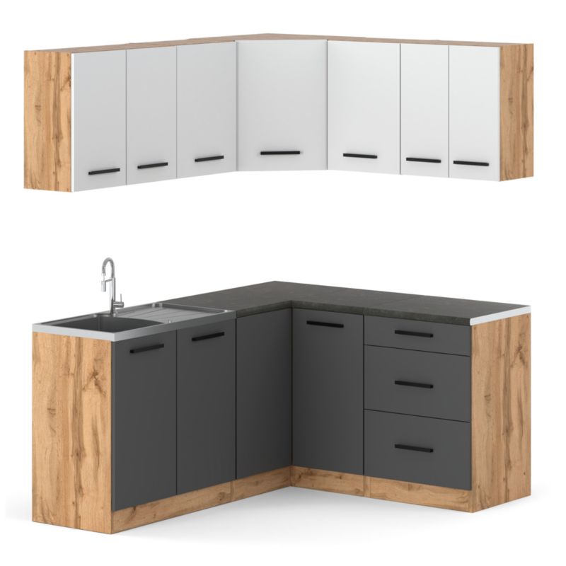 Zestaw Kuchenny Hurtownia-Mebli Z Blatem Kuchnia narożna Diana 320cm Dąb Wotan Biały Mat/Szary Mat 320x47x145 cm 1szt.