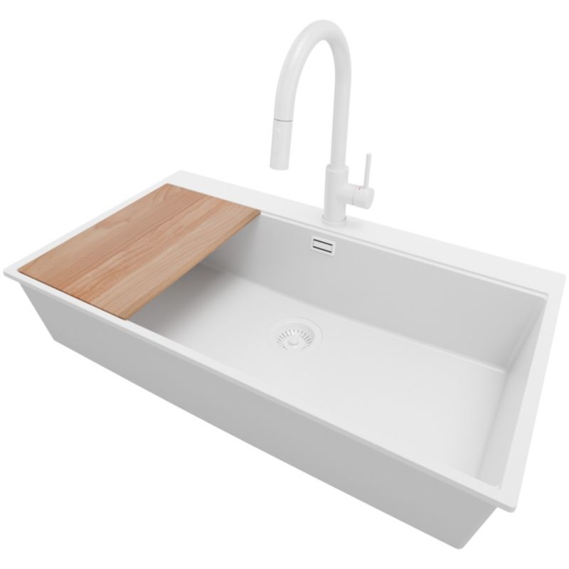 Zlewozmywak Granitowy Oslo PRIMAGRAN Nablatowy 88x50cm do szafki od 90cm, Cały Biały + Bateria + Syfon + Deska, S726, 1 szt.