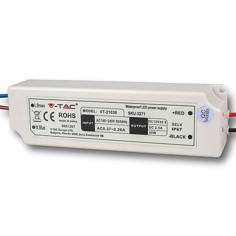 Zasilacz transformator do LED V-TAC moc 30W output 12V DC stałoprądowy IP67 - 1 szt