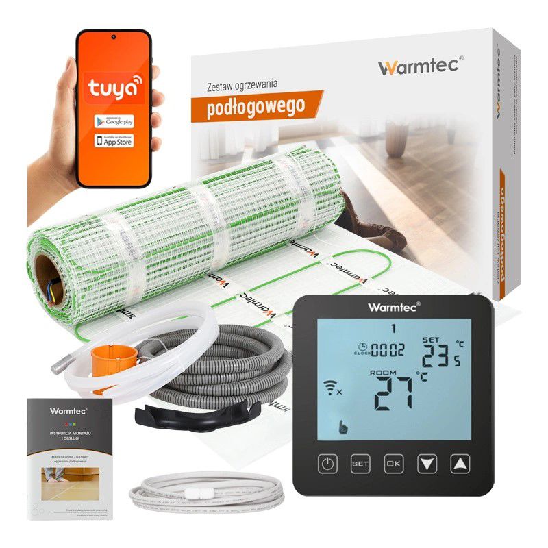Mata grzewcza grzejna pod płytki Warmtec 10m² 100W/m² Wi-Fi zestaw czarny regulator DSE-100/PRT-01 1szt.