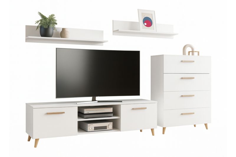 Zestaw mebli do salonu Kobi FREYA komoda, szafka RTV, półki, styl skandynawski, nogi drewniane - Biały 1 szt.