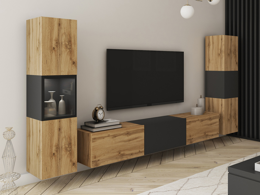 Meblościanka do salonu dąb wotan czarny BRAVIN