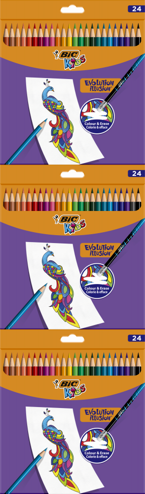 3x Kredki ołówkowe BIC Kids Evolution Illusion, wymazywalne, 24 sztuki, mix kolorów