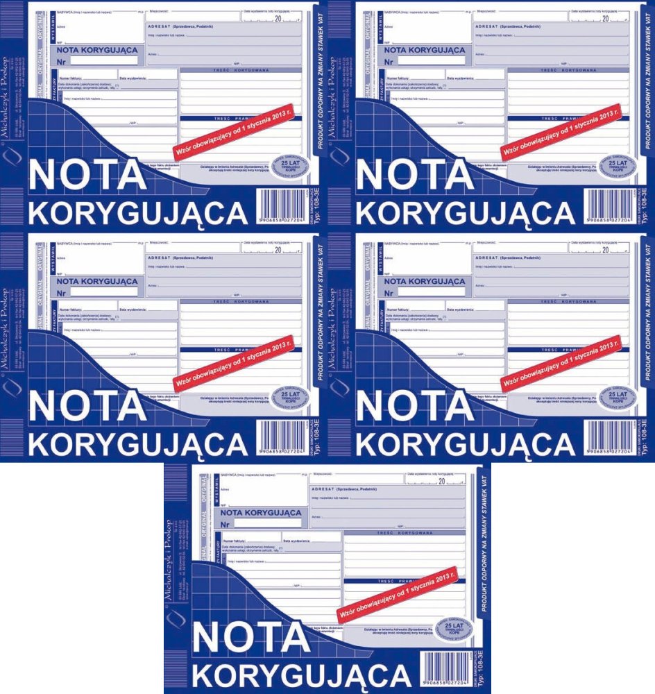 5x Druk akcydensowy Nota korygująca MiP 108-3E, A5, 1 kopia, 80k