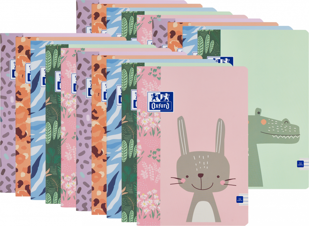 30x Zeszyt w wąskie linie Oxford Kids, A5, miękka oprawa, 32 kartki, mix wzorów