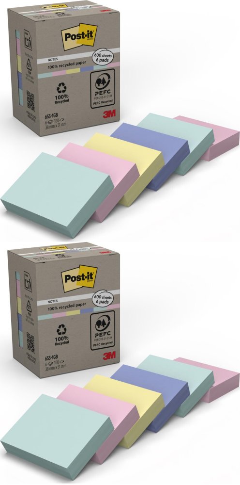 2x Ekologiczne karteczki samoprzylepne Post-it, kolekcja NATURE, pastelowe, 38x51mm, 6x100 karteczek, mix kolorów