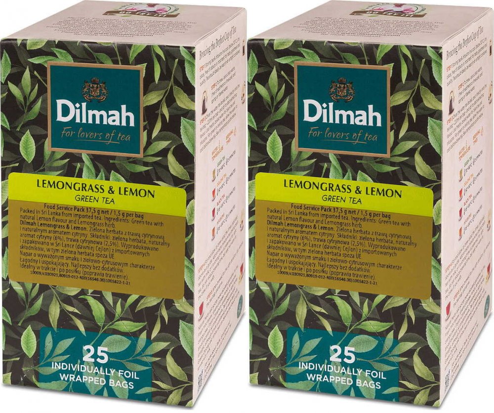 2x Herbata zielona smakowa w kopertach Dilmah Lemongrass & lemon, trawa cytrynowa i cytryna, 25 sztuk x 1.5g