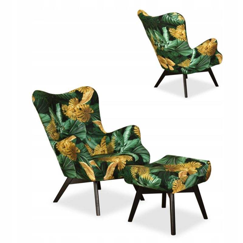 Fotel uszak do salonu z podnóżkiem Family Meble Luna Print liście monstera 1szt