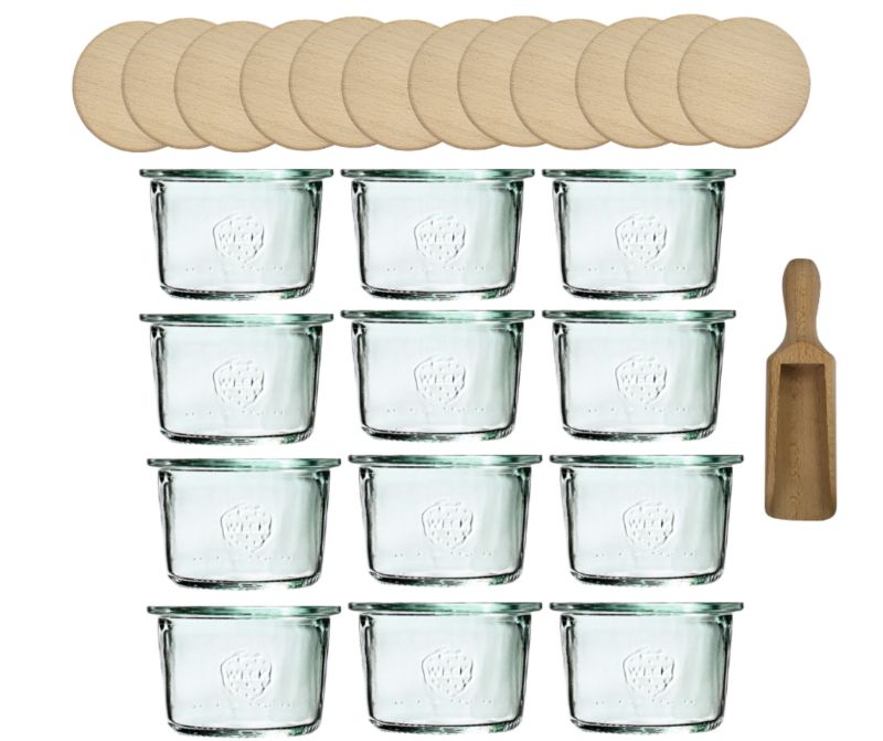 Słoiki MODO24 Weck 80 ml fi 60 mold z drewnianymi wiekami i miarką 12 kpl.