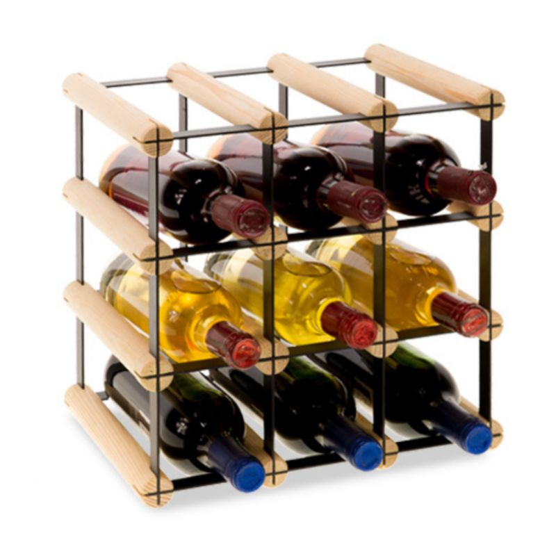 Regał na butelki MODO24 stojak PET metalowy drewniany eko solidny na 9 butelek czarny metal drewno naturalne 1 szt.