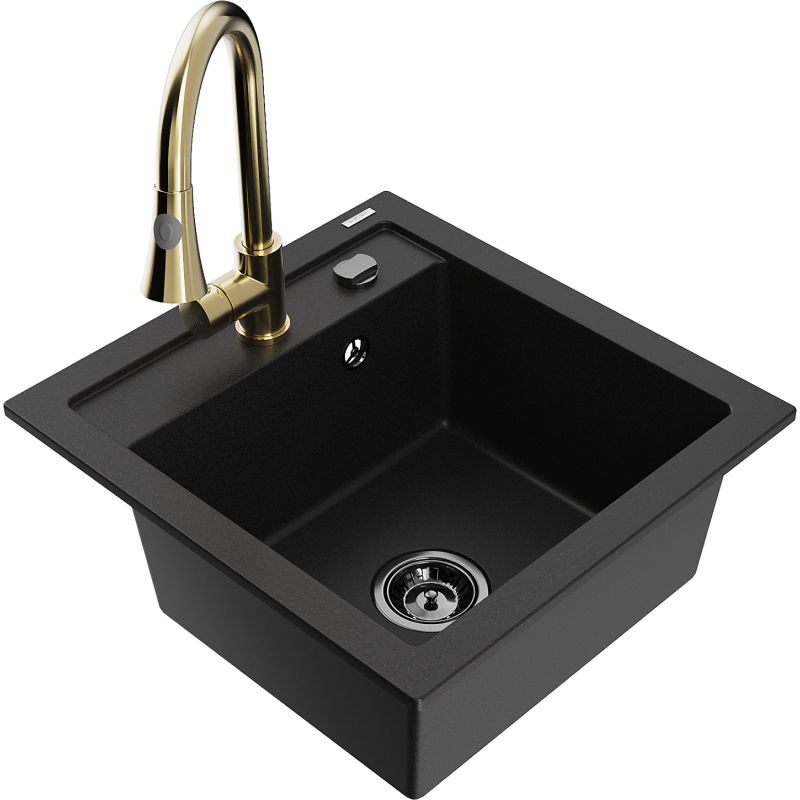 Zlewozmywak granitowy 1-komorowy Mexen Vito z baterią kuchenną Elia czarny 6503-77-670101-50-B