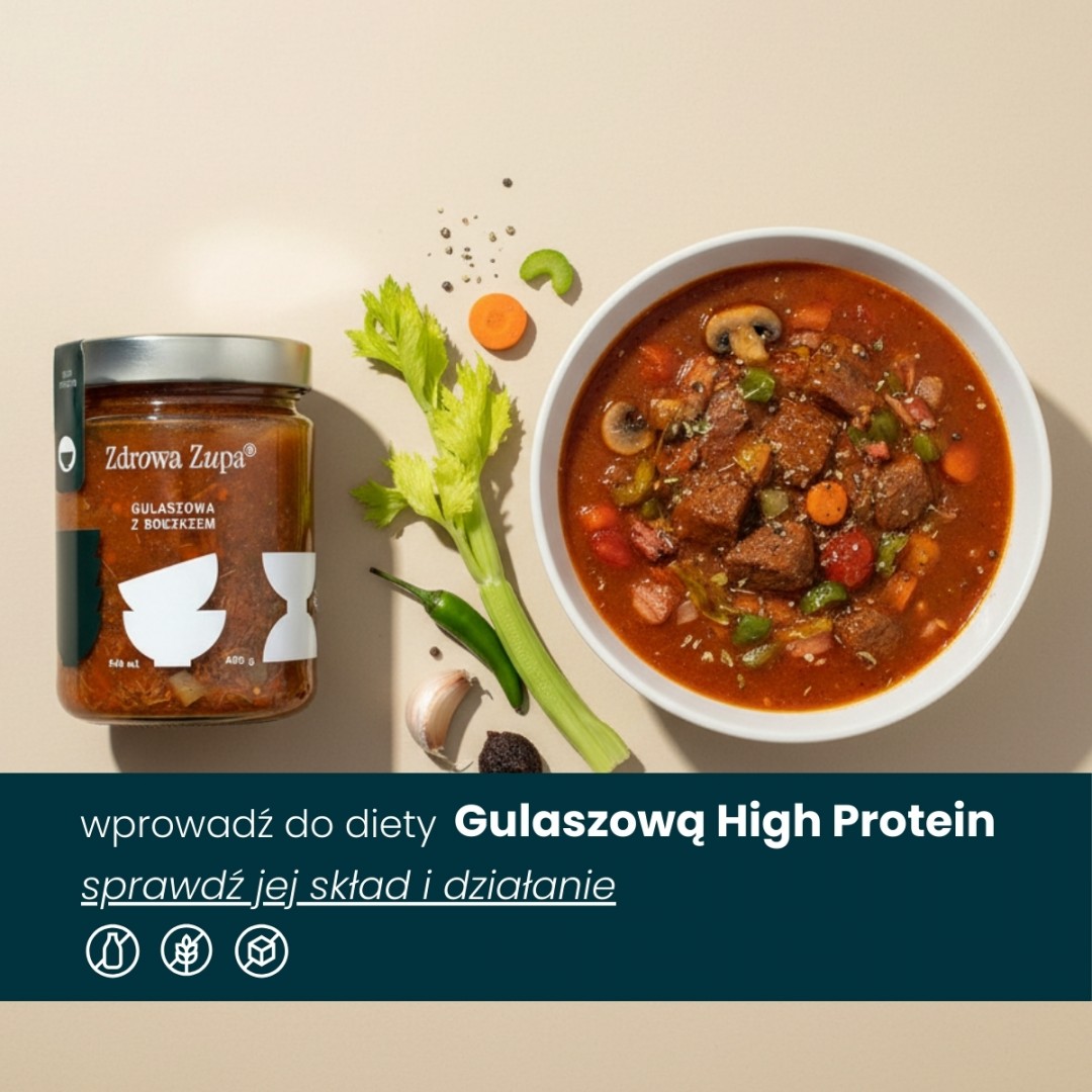 Wysokobiałkowa gulaszowa z wołowiną i boczkiem (high protein, 31g białka, spalanie, bez glutenu, bez laktozy, czysty skład 540 ml, do lodówki)