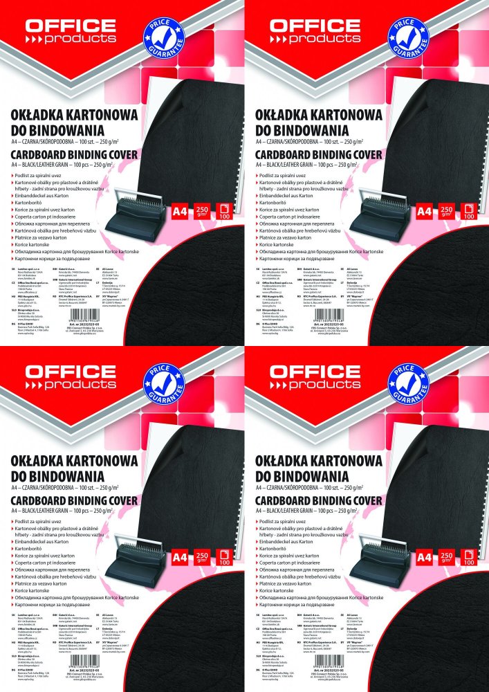 4x Okładki do bindowania Office Products, A4, 250g/m2, skóropodobne, 100 sztuk, czarny