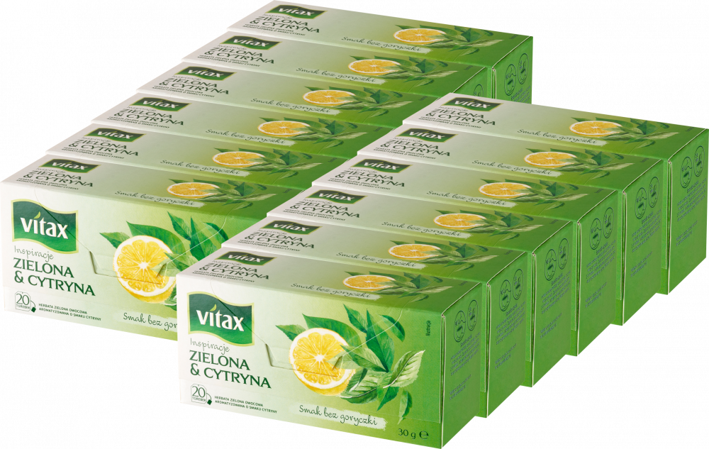 12x Herbata zielona smakowa w torebkach Vitax Inspirations, cytryna, 20 sztuk x 1.5g