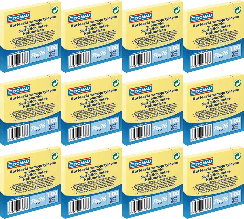 12x Karteczki samoprzylepne Donau, 76x76mm, 100 karteczek, jasnożółty