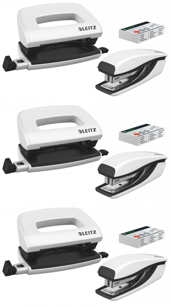 3x Zestaw zszywacz i dziurkacz Leitz Mini NeXXt Wow, metalowy, biały