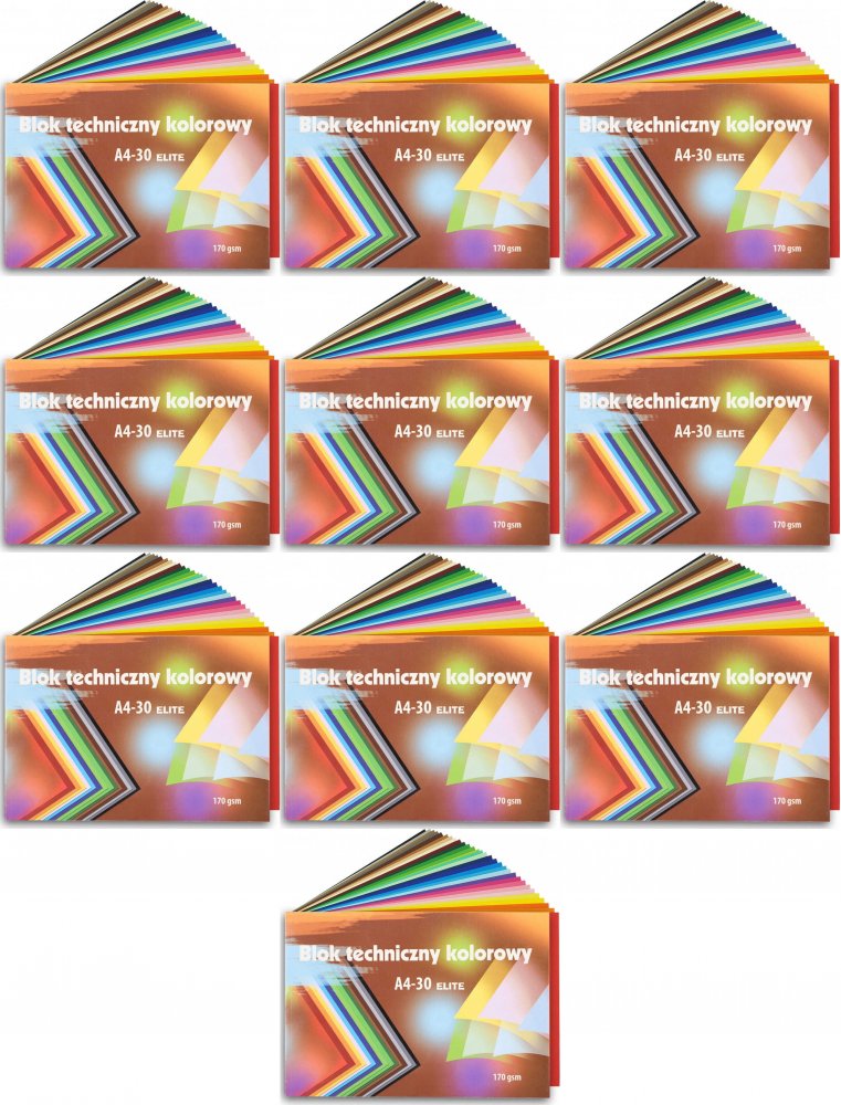 10x Blok techniczny kolorowy Kreska ELITE A4, 170g/m2, 30 kartek, kolorowy