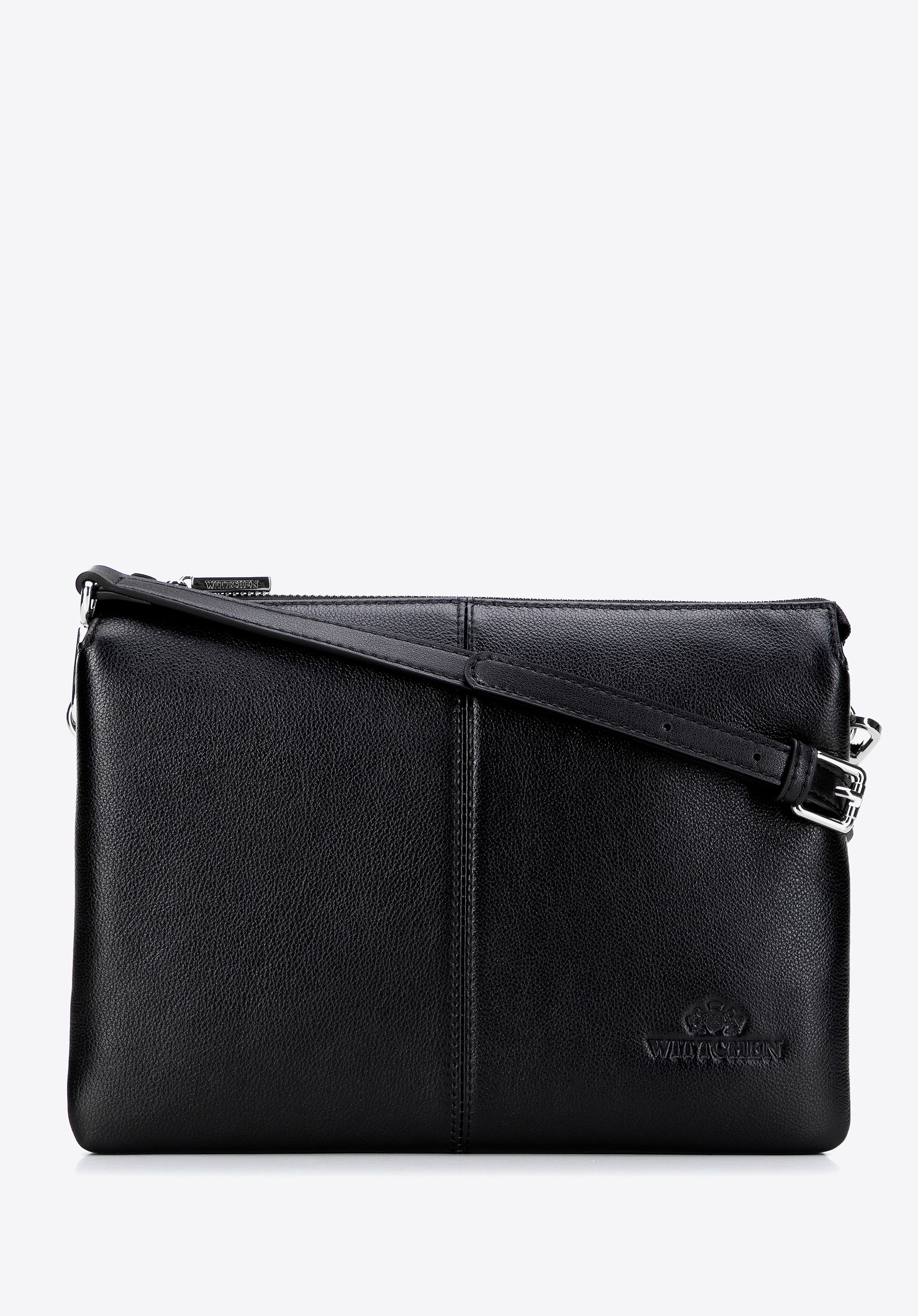 Klasyczna listonoszka skórzana z przeszyciem pośrodku czarno - srebrna