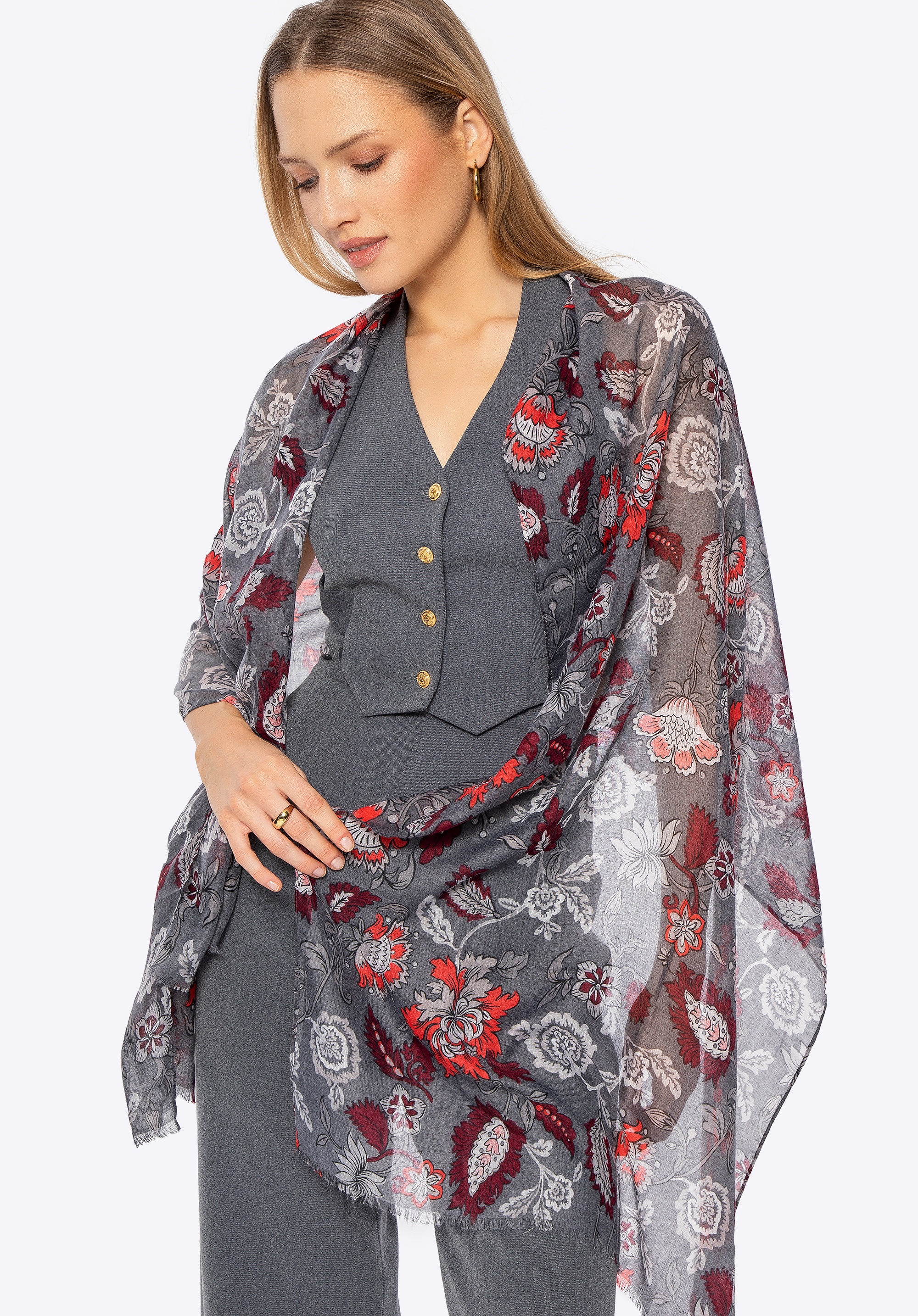 Damski szal w kwiatowy wzór szaro - czerwony