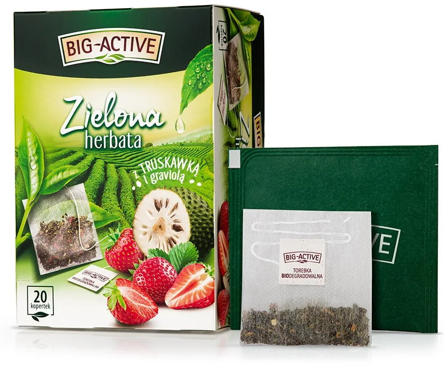 Herbata zielona smakowa w kopertach Big-Active, truskawka i graviola, 20 sztuk x 1.5g