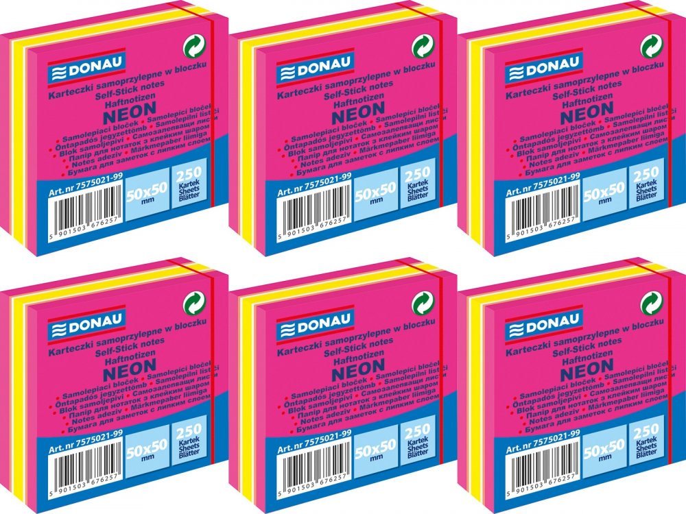 6x Karteczki samoprzylepne Donau, 50x50mm, 250 karteczek, neon-pastel, mix różowy