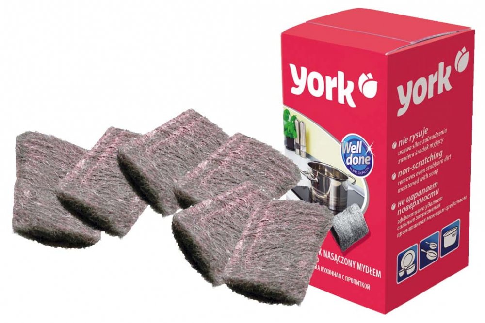Czyścik kuchenny York, nasączony mydłem, wełna stalowa, 6x7cm, 6 sztuk, szary