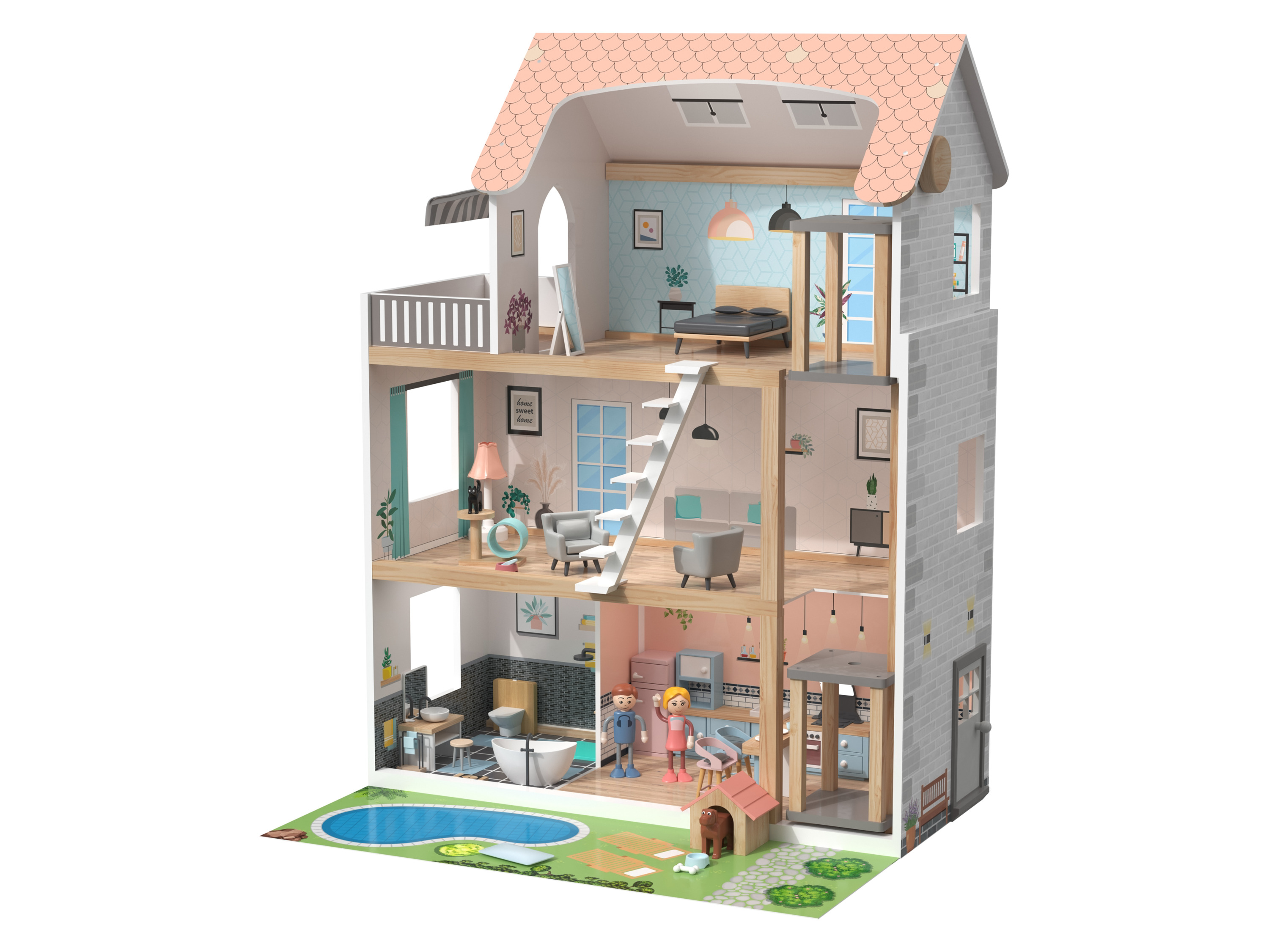 lupilu Drewniany domek dla lalek Xxl, 54 elementy