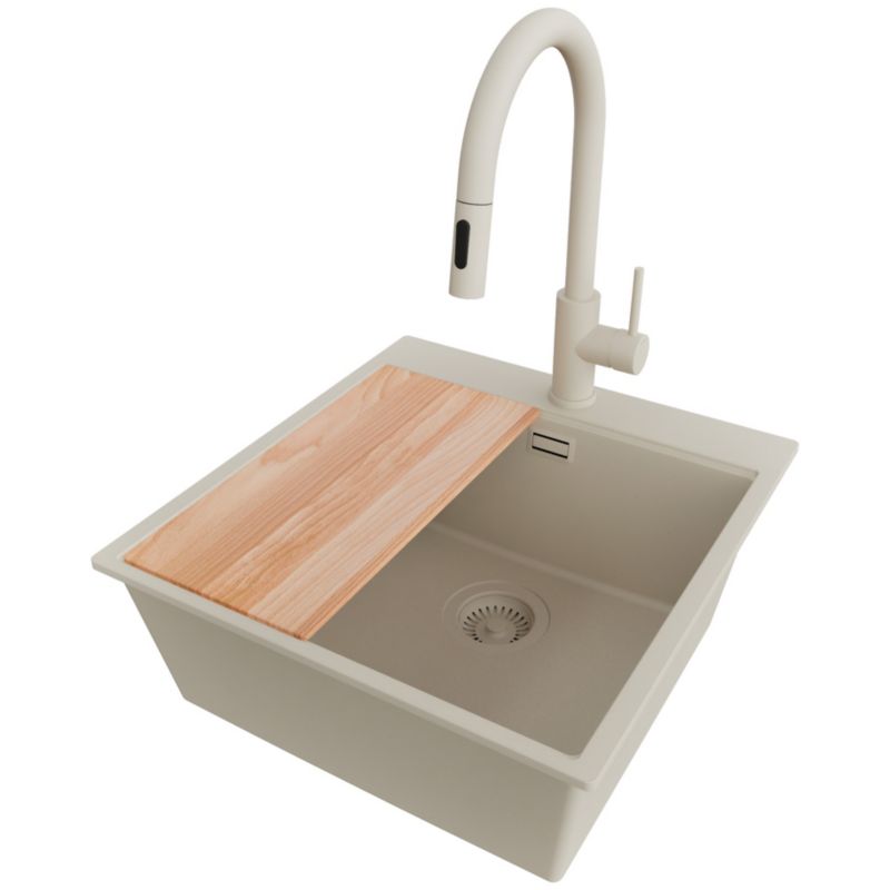 Zlewozmywak Granitowy Oslo PRIMAGRAN Nablatowy 48x50cm do szafki od 50cm, Beżowy + Bateria 40x20cm + Syfon + Deska, S318, 1 szt.