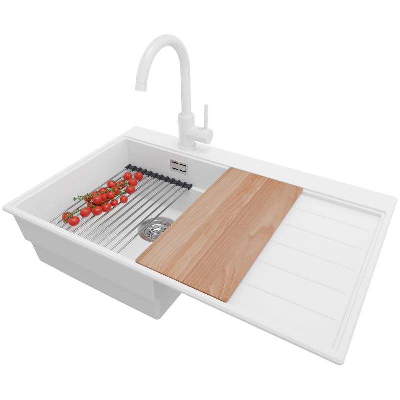 Zlewozmywak Granitowy Sydney PRIMAGRAN Nablatowy 78x50cm do szafki od 45cm, Biały + Bateria + Syfon + Akcesoria, S273, 1 szt.