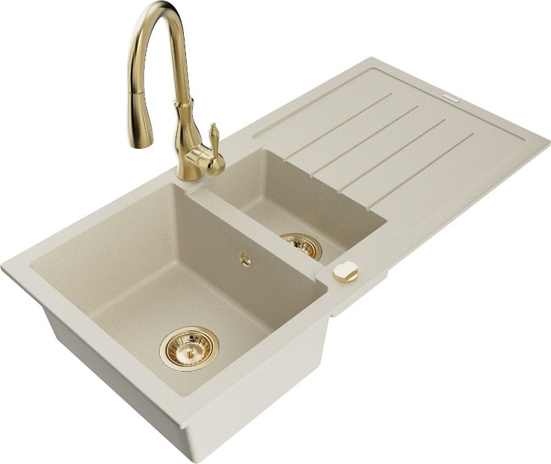 Zlewozmywak granitowy Mexen Andres 1,5-komorowy z ociekaczem i baterią kuchenną Savita beżowy 6515-69-672601-50