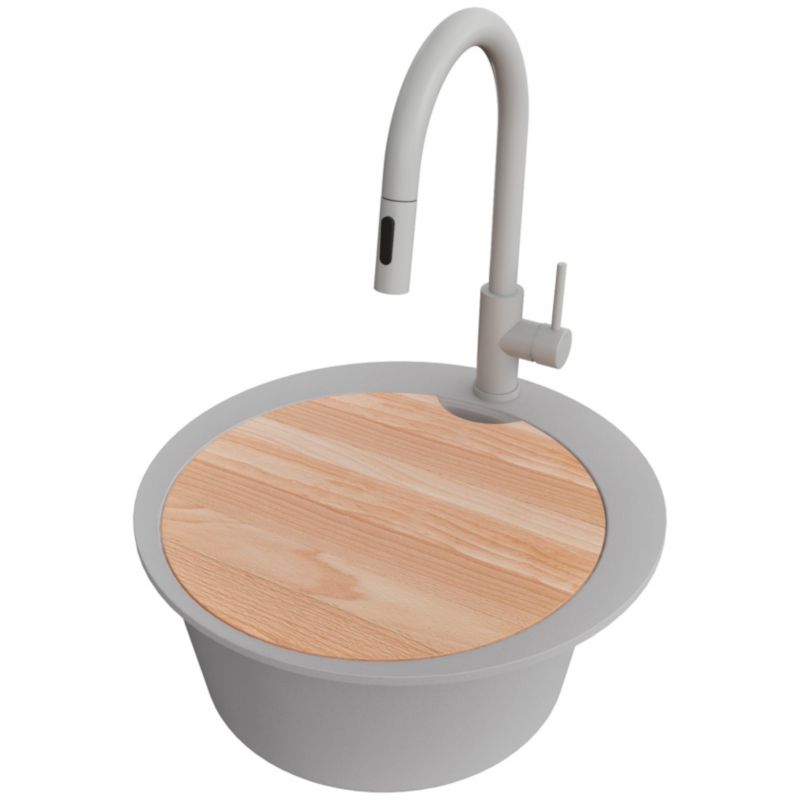 Zlewozmywak Granitowy Okrągły Piza PRIMAGRAN Nablatowy 50x50cm do szafki od 45cm, Szary + Bateria + Syfon + Deska, S045, 1 szt.