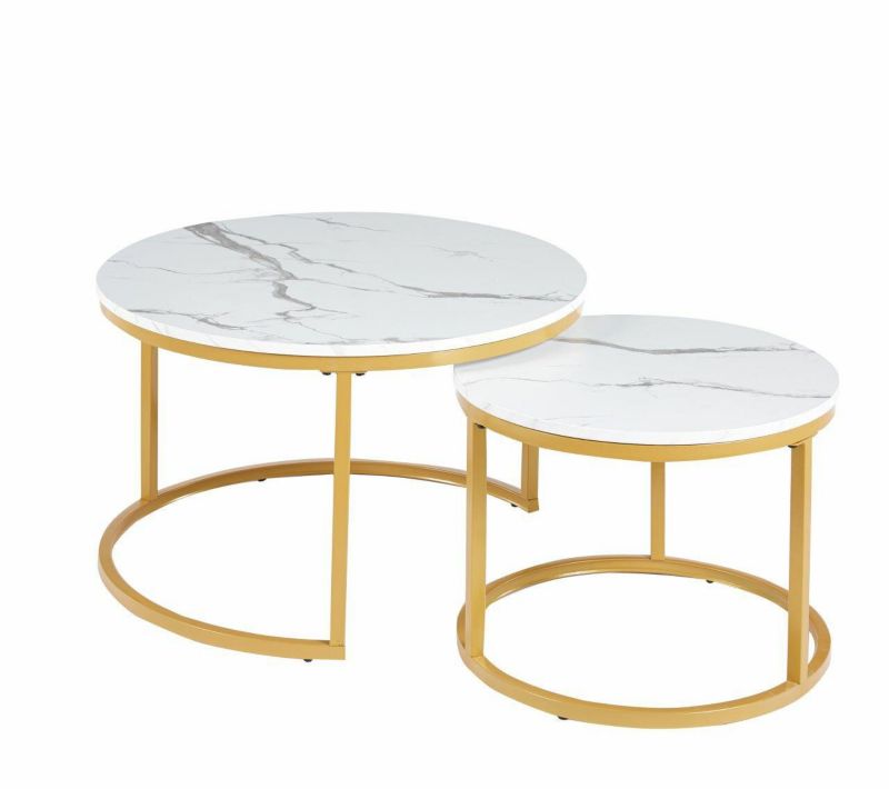 Zestaw 2 stolików kawowych okrągłych Bennett INTESI biały marmur złoty nowoczesny glamour do salonu 1 zestaw