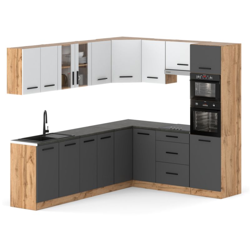 Zestaw Kuchenny Hurtownia-Mebli Z Blatem Kuchnia Marra Narozna 460cm Dąb Wotan Biały Mat/Szary Mat 460x47x145 cm 1szt.