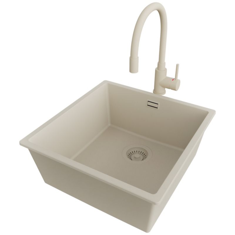 Zlewozmywak podblatowy Londyn PRIMAGRAN 46x47cm do szafki od 50cm, Beżowy + Bateria 38x14cm + Syfon, S240, 1 szt.