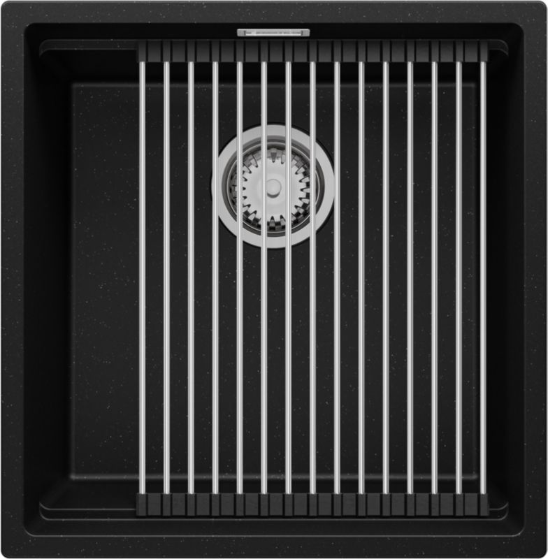 Zlewozmywak podblatowy Praga PRIMAGRAN 46x47cm do szafki od 50cm, Czarny Metalik + Syfon + Zwijany ociekacz, S196, 1 szt.