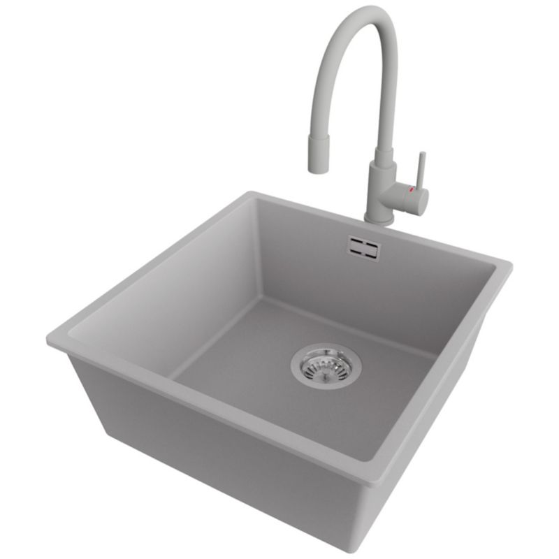 Zlewozmywak podblatowy Londyn PRIMAGRAN 46x47cm do szafki od 50cm, Szary + Bateria 38x14cm + Syfon, S237, 1 szt.