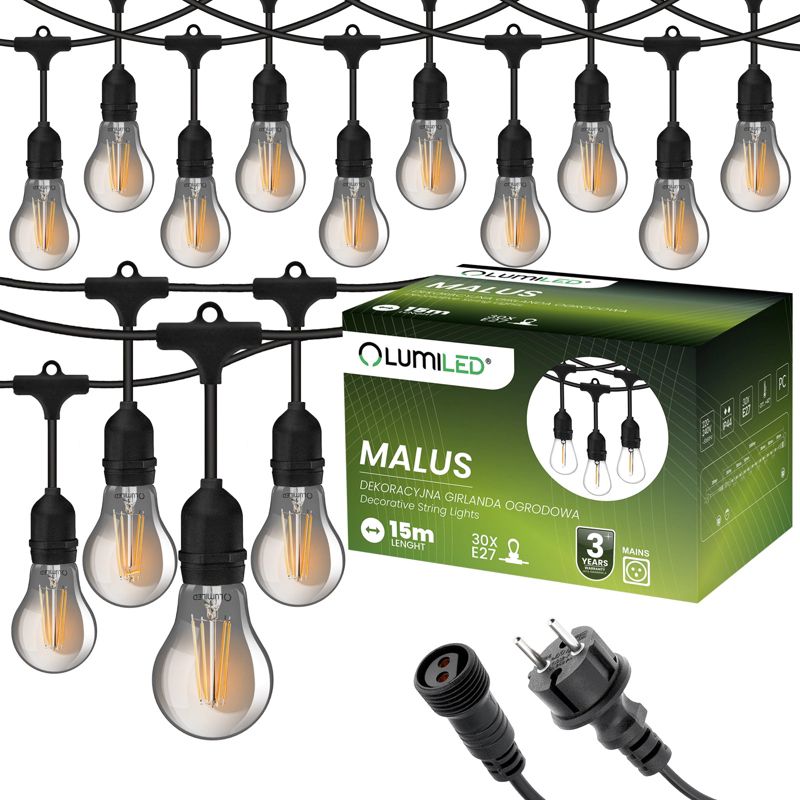 Girlanda Ogrodowa LED Lumiled Zewnętrzna Łańcuch Świetlny 15m + 30x E27 Żarówki Smokey 6W 2200K 1 kpl.