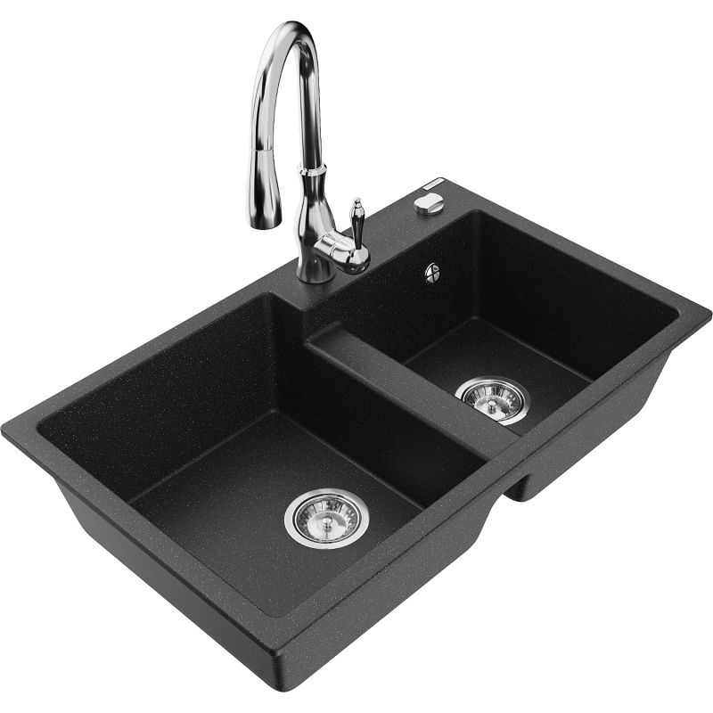 Zlewozmywak granitowy 2-komorowy Mexen Tomas z baterią kuchenną Savita czarny/srebrny metalik - 6516-73-672601-70-B 1 szt.