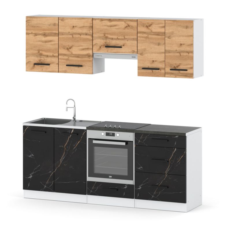 Zestaw Kuchenny Hurtownia-Mebli Z Blatem Kuchnia Mini Mokka Full 200cm Biały Mat Dąb Wotan/San Sebastian 200x47x145 cm 1szt.