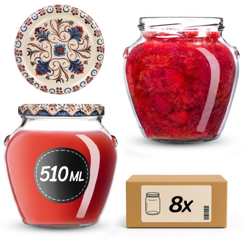 Słoiki na przetwory 510ml + wieczka "Niebiesko-czerwone kwiaty" 82mm 8szt.