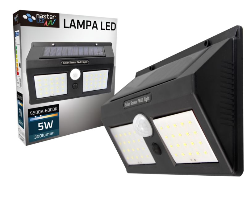 Lampa LED solarna MasterLED elewacyjna 40xSMD IP44 6500K z czujnikiem ruchu i zmierzchu czarna 1 szt.