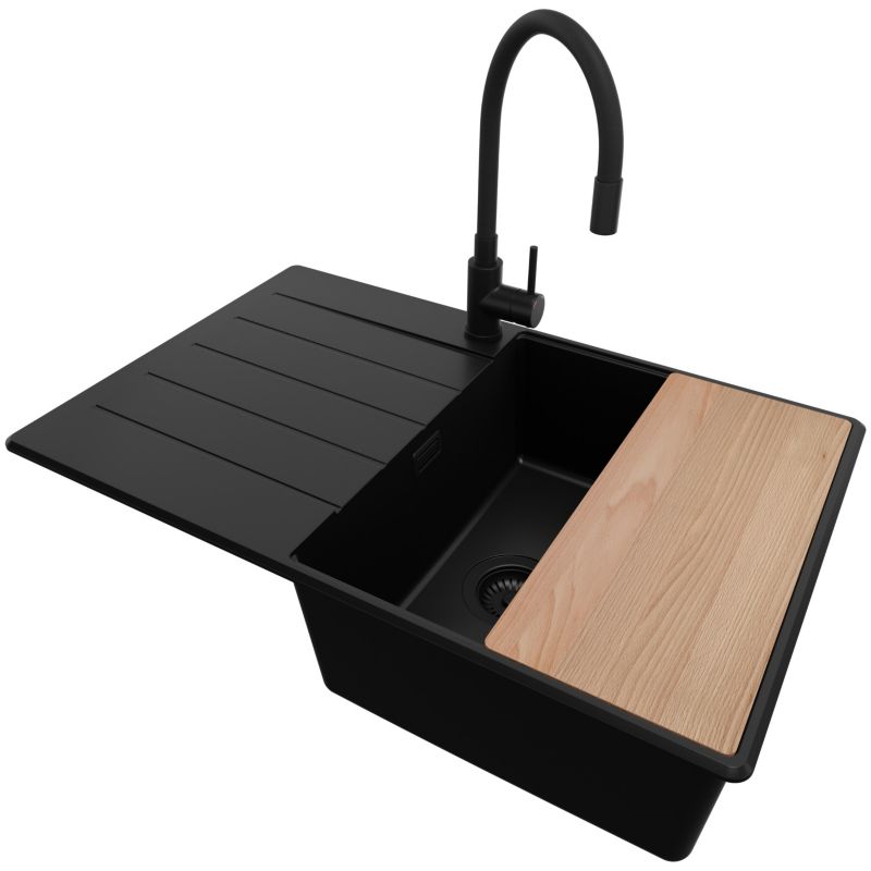 Zlewozmywak Granitowy Kopenhaga PRIMAGRAN Nablatowy 78x50cm, Cały Czarny + Bateria + Syfon + Akcesorium, S554, 1 szt.